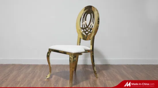 Venta al por mayor apilamiento de sillas de comedor de acero inoxidable dorado, sillas de salón para banquetes de boda